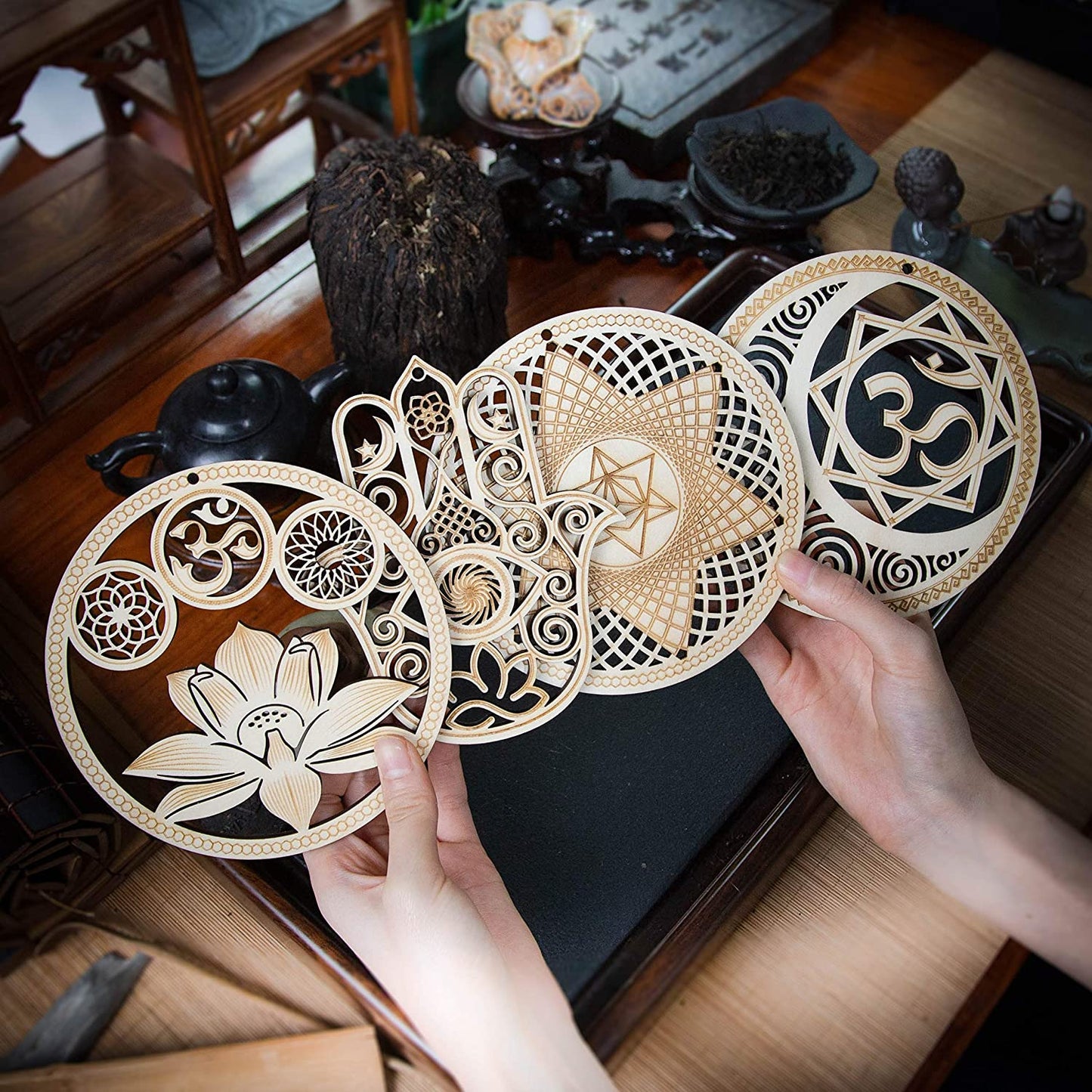 5.31" Sacred Geometry Wall Art 4 PCS Set, (Sacred Lotus, Hamsa Hand, Soul Star, Union Sun Moon) Crystal Grid Meditation Chakra Wooden Wall Art Yoga Decor Spiritual Gifts