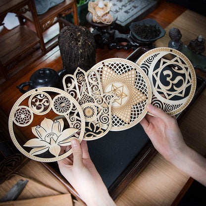 5.31" Sacred Geometry Wall Art 4 PCS Set, (Sacred Lotus, Hamsa Hand, Soul Star, Union Sun Moon) Crystal Grid Meditation Chakra Wooden Wall Art Yoga Decor Spiritual Gifts