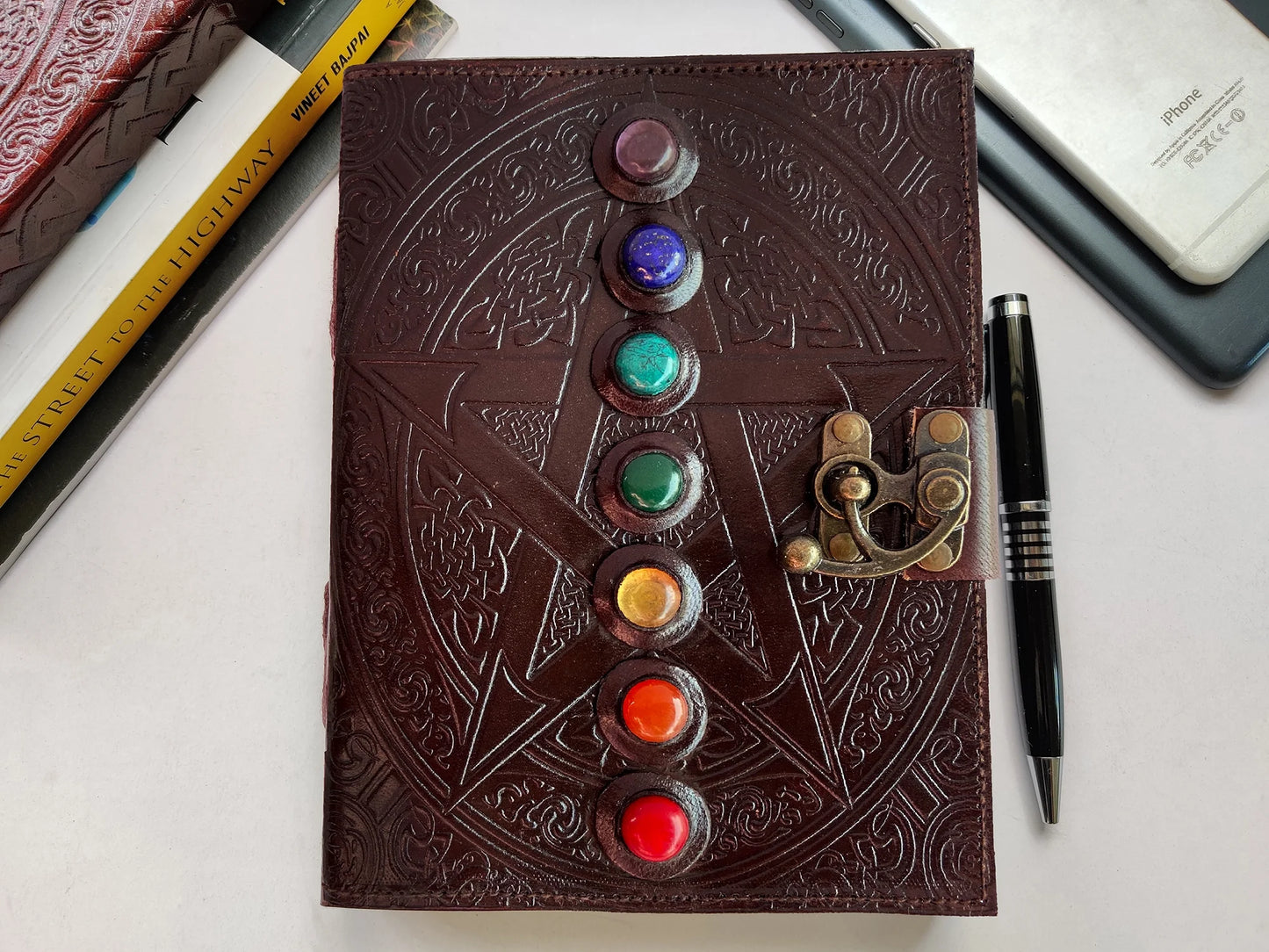 Leather Journal Writing Notebook 7 Chakra Stone Diary for Men & Women, Handmade Antique Deckle Edge Paper - Book of Shadow Travel Diary Gift for Him Her by , Brown