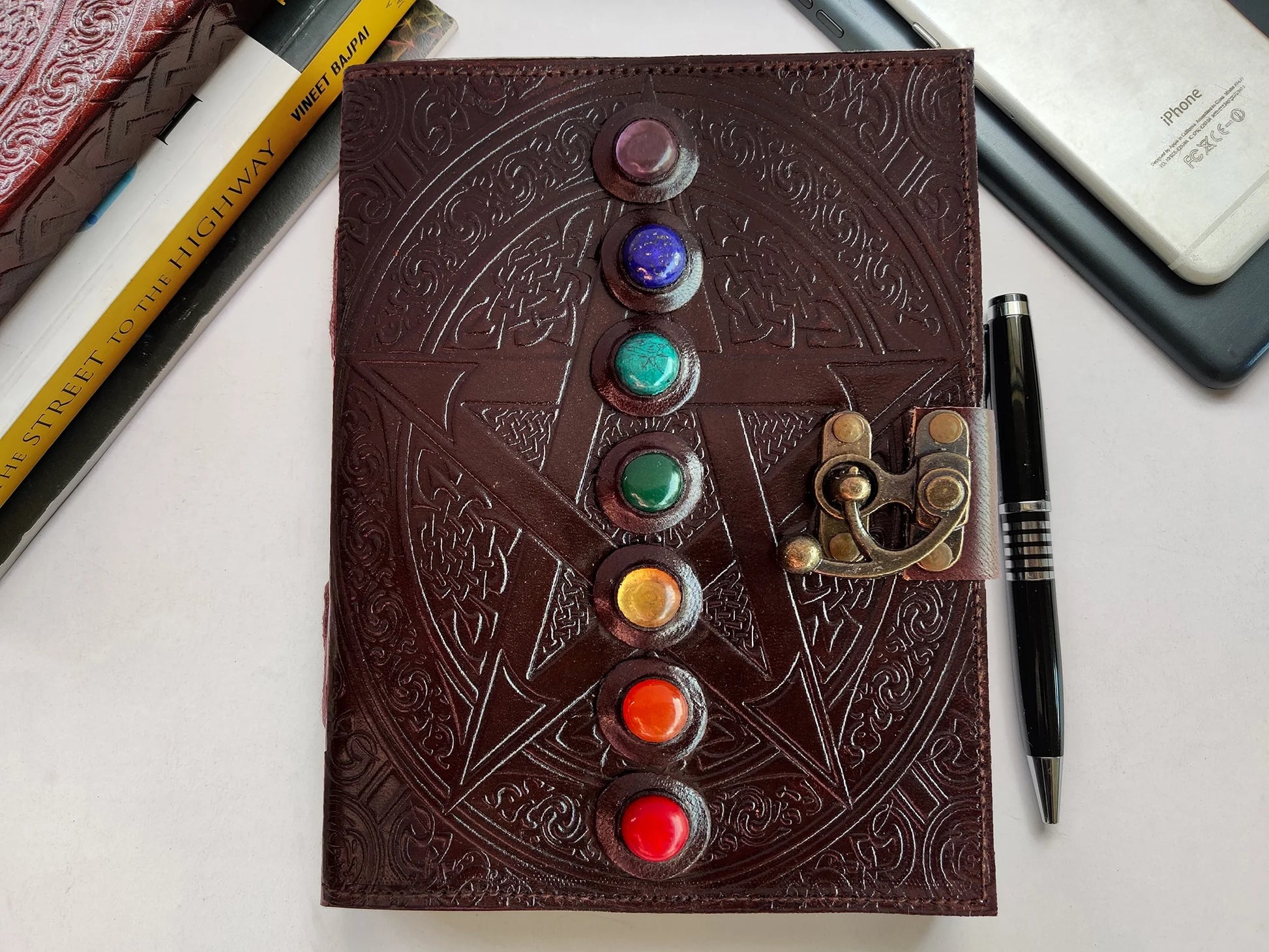 Leather Journal Writing Notebook 7 Chakra Stone Diary for Men & Women, Handmade Antique Deckle Edge Paper - Book of Shadow Travel Diary Gift for Him Her by , Brown