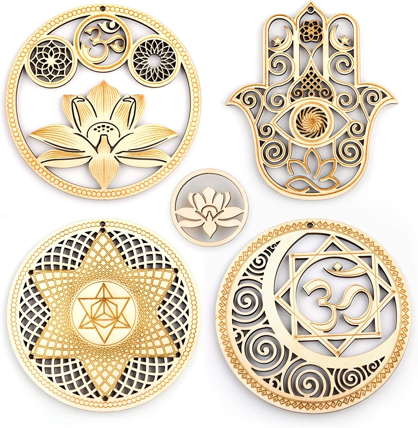 5.31" Sacred Geometry Wall Art 4 PCS Set, (Sacred Lotus, Hamsa Hand, Soul Star, Union Sun Moon) Crystal Grid Meditation Chakra Wooden Wall Art Yoga Decor Spiritual Gifts