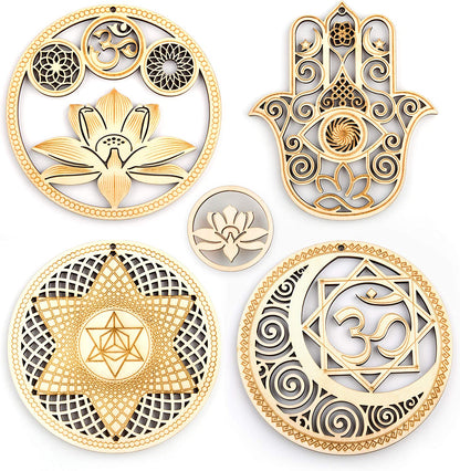 5.31" Sacred Geometry Wall Art 4 PCS Set, (Sacred Lotus, Hamsa Hand, Soul Star, Union Sun Moon) Crystal Grid Meditation Chakra Wooden Wall Art Yoga Decor Spiritual Gifts