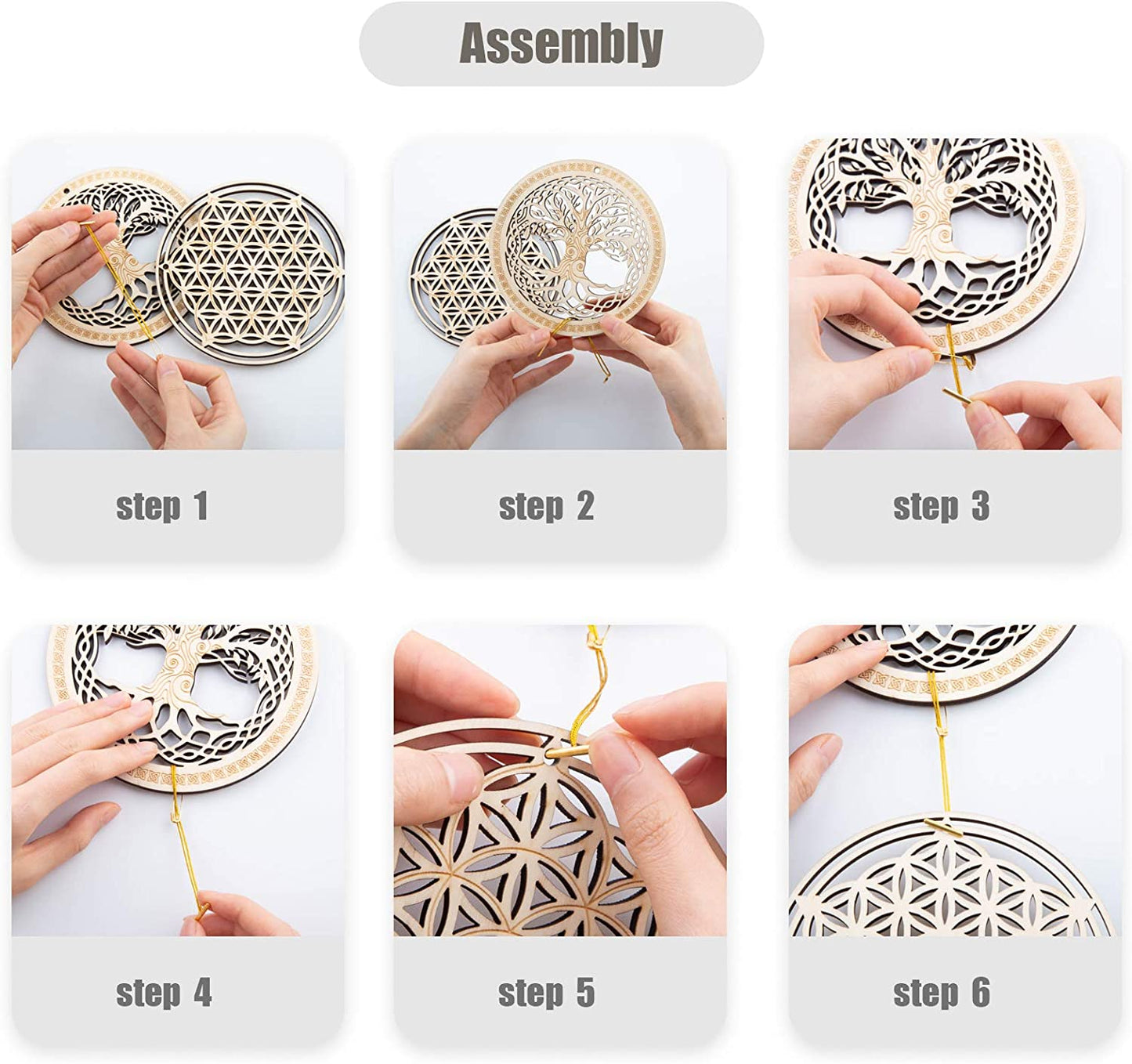 5.31" Sacred Geometry Wall Art 4 PCS Set, (Sacred Lotus, Hamsa Hand, Soul Star, Union Sun Moon) Crystal Grid Meditation Chakra Wooden Wall Art Yoga Decor Spiritual Gifts