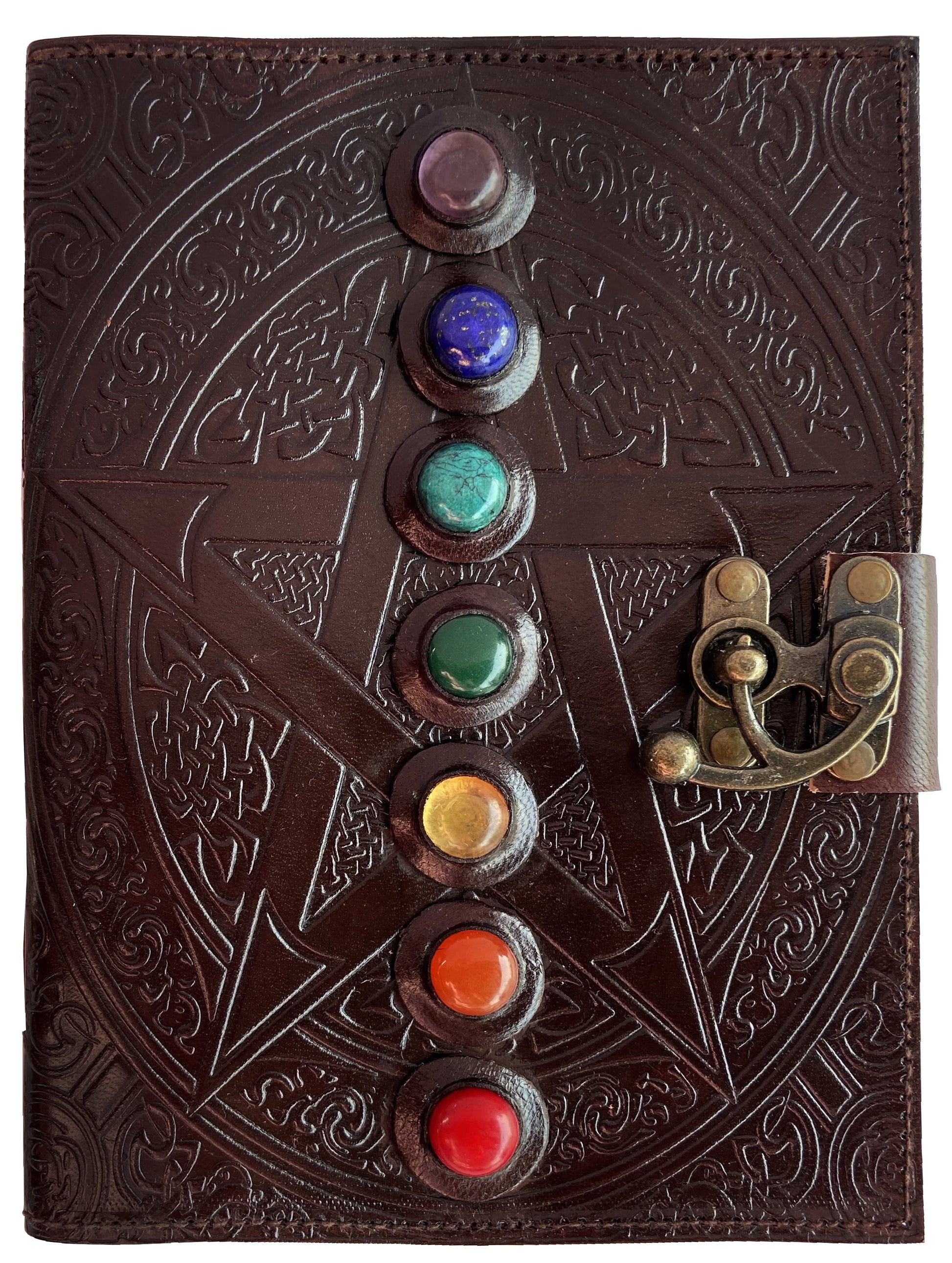 Leather Journal Writing Notebook 7 Chakra Stone Diary for Men & Women, Handmade Antique Deckle Edge Paper - Book of Shadow Travel Diary Gift for Him Her by , Brown