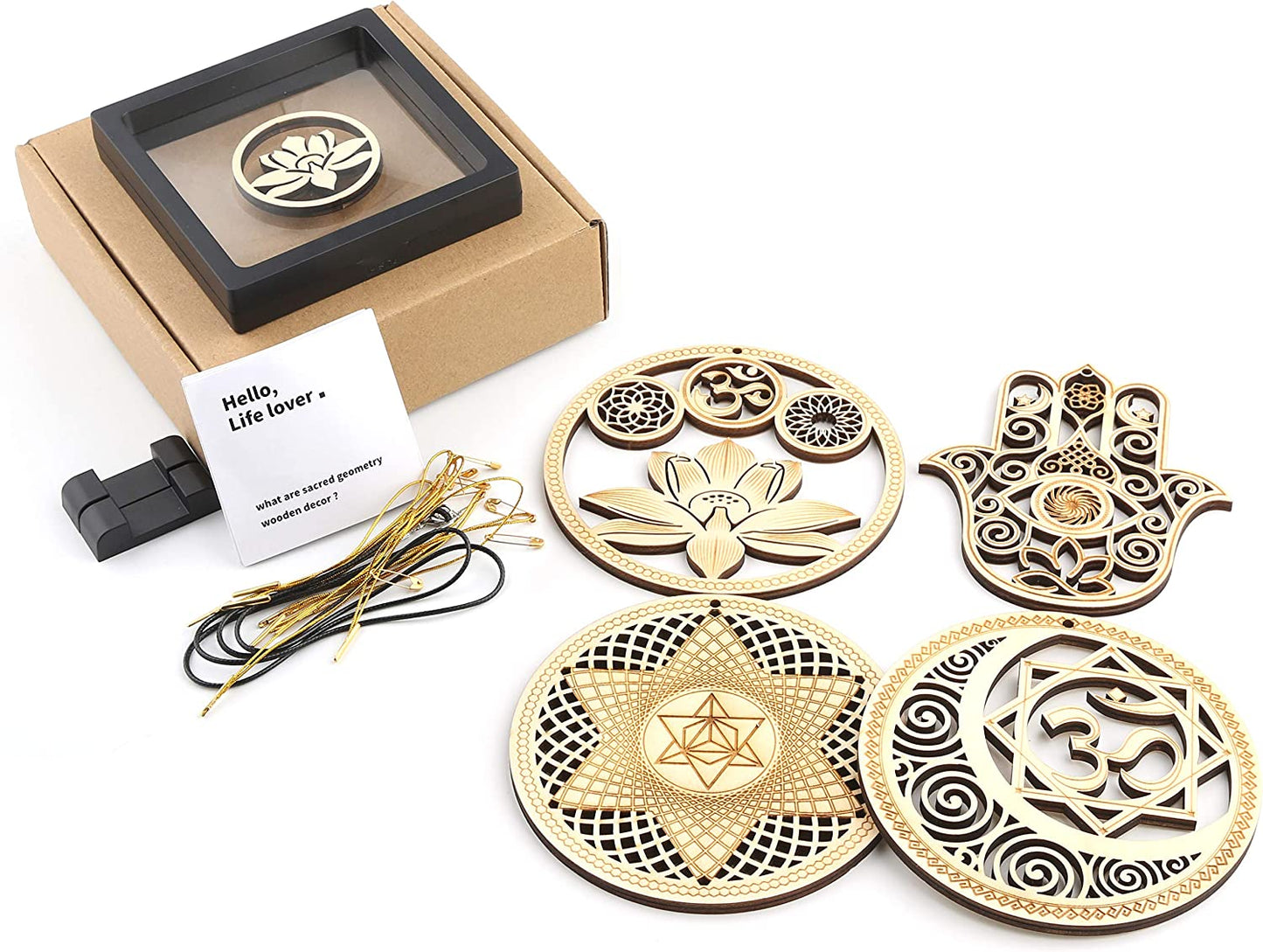 5.31" Sacred Geometry Wall Art 4 PCS Set, (Sacred Lotus, Hamsa Hand, Soul Star, Union Sun Moon) Crystal Grid Meditation Chakra Wooden Wall Art Yoga Decor Spiritual Gifts