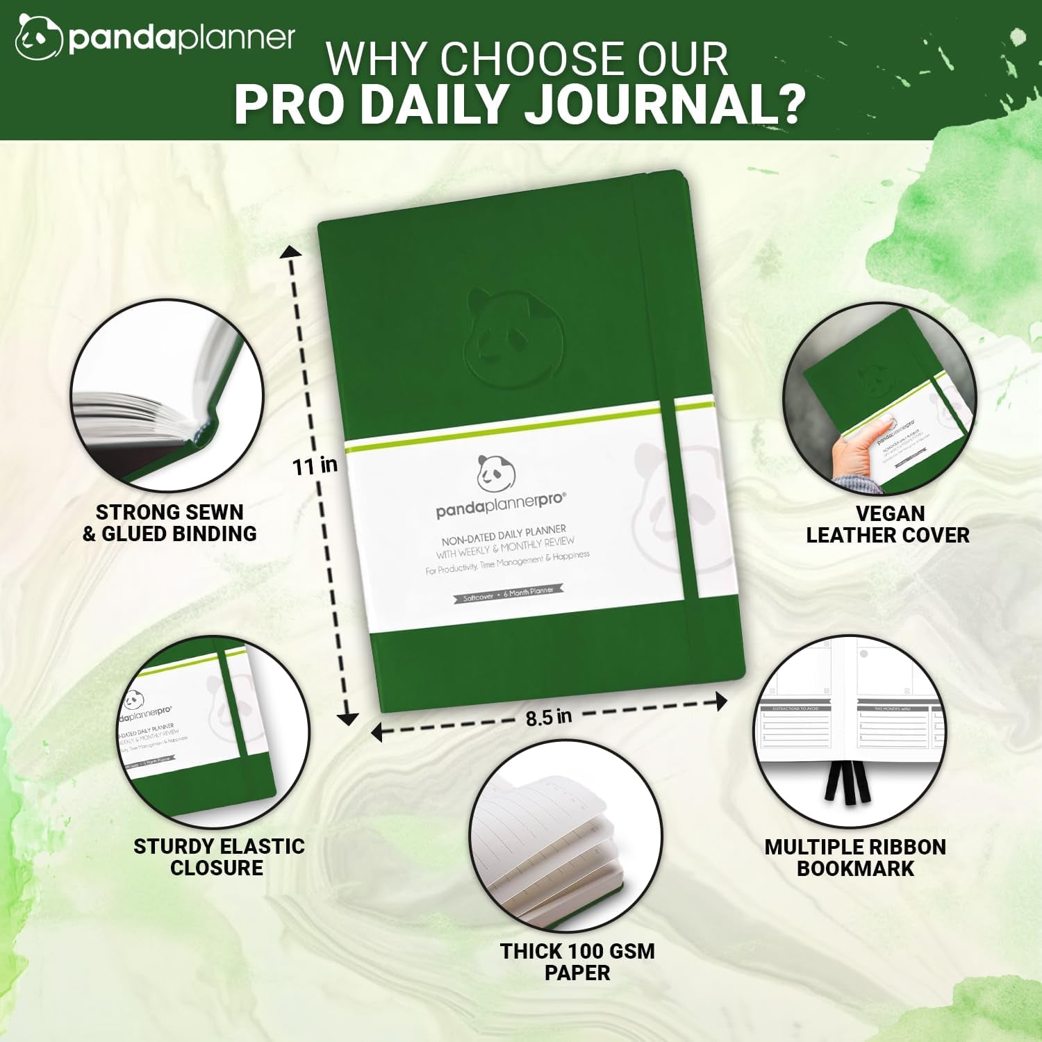 Pro 2025-2026 – Undated Productivity Planner with Daily, Weekly & Monthly Layouts – Large 8.5X11 Goal Tracker, Habit Planner, Time Management & Focus Organizer – Dark Green