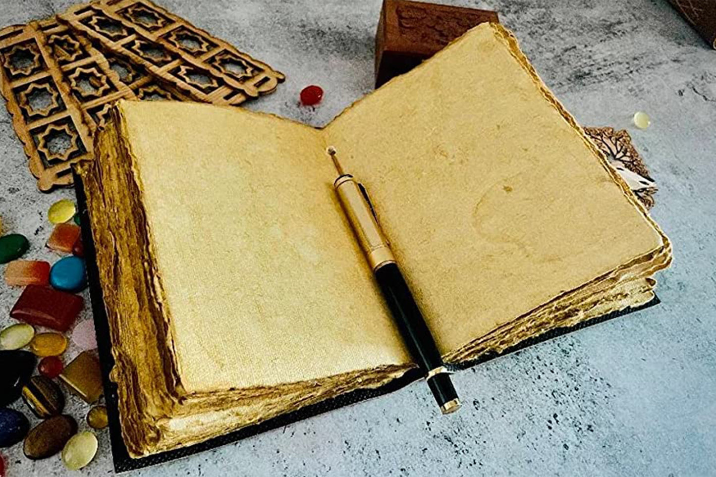 Leather Journal Writing Notebook 7 Chakra Stone Diary for Men & Women, Handmade Antique Deckle Edge Paper - Book of Shadow Travel Diary Gift for Him Her by , Brown